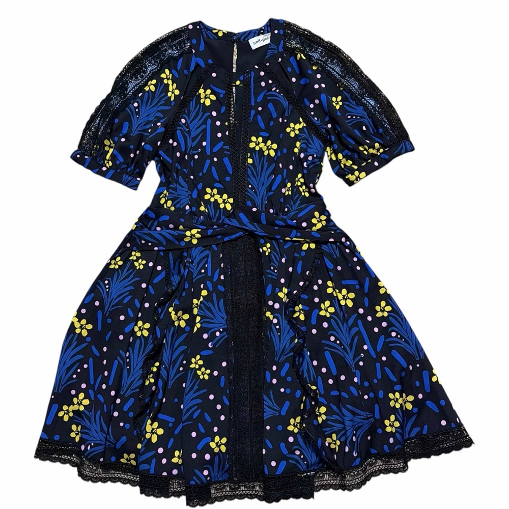 SELF-PORTRAIT NWT Black/Multi Wildflower Print Lace Trim Mini Dress 4 - Picture 4 of 15